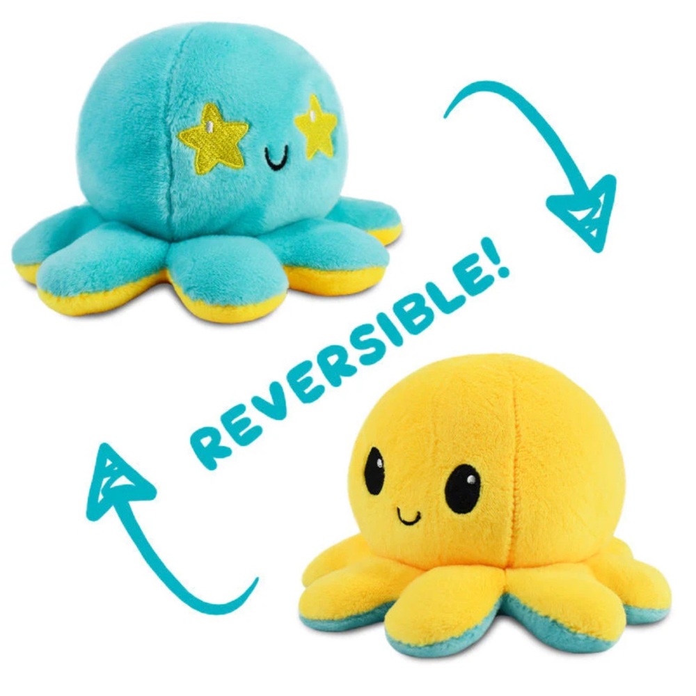 Tee Turtle Reversible Plush Octopus - Aqua Blue and Yellow NWT
